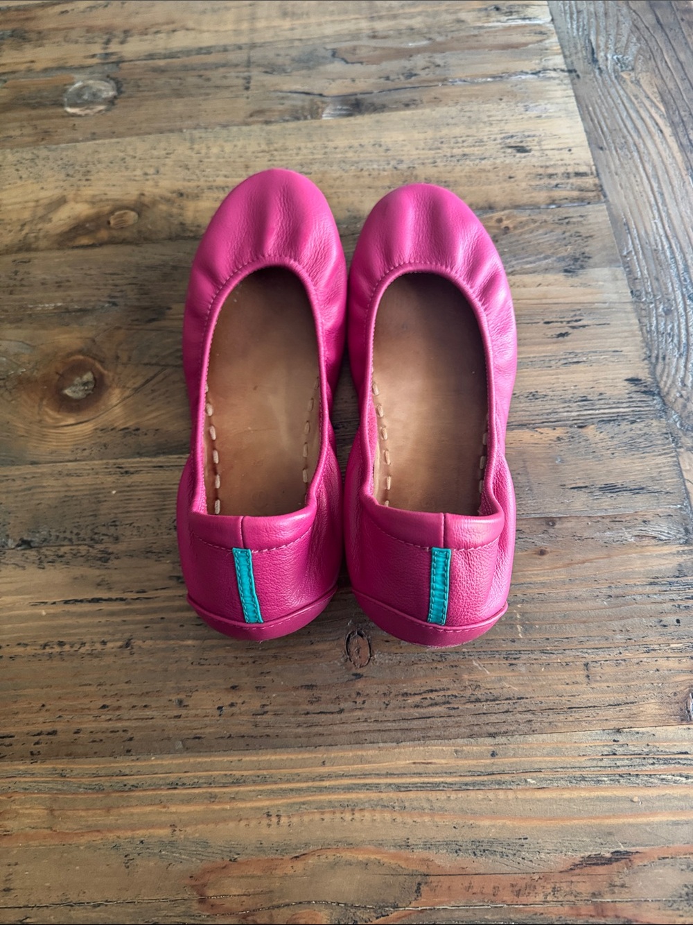 Women's Pink Leather Ballet Flats with Turquoise Heel Tab